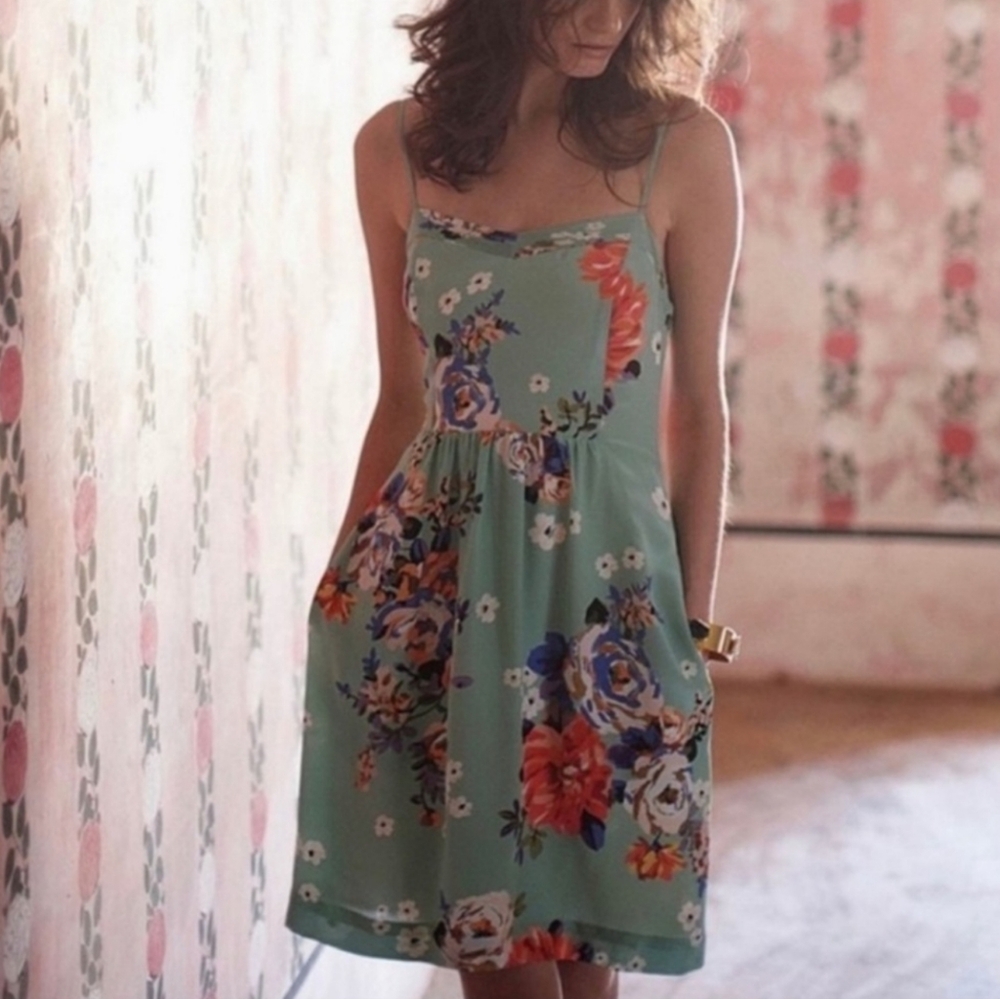 Anthropologie Moulinette Soeurs Verdant 100% Silk Floral Slip Dress Green sz 10
